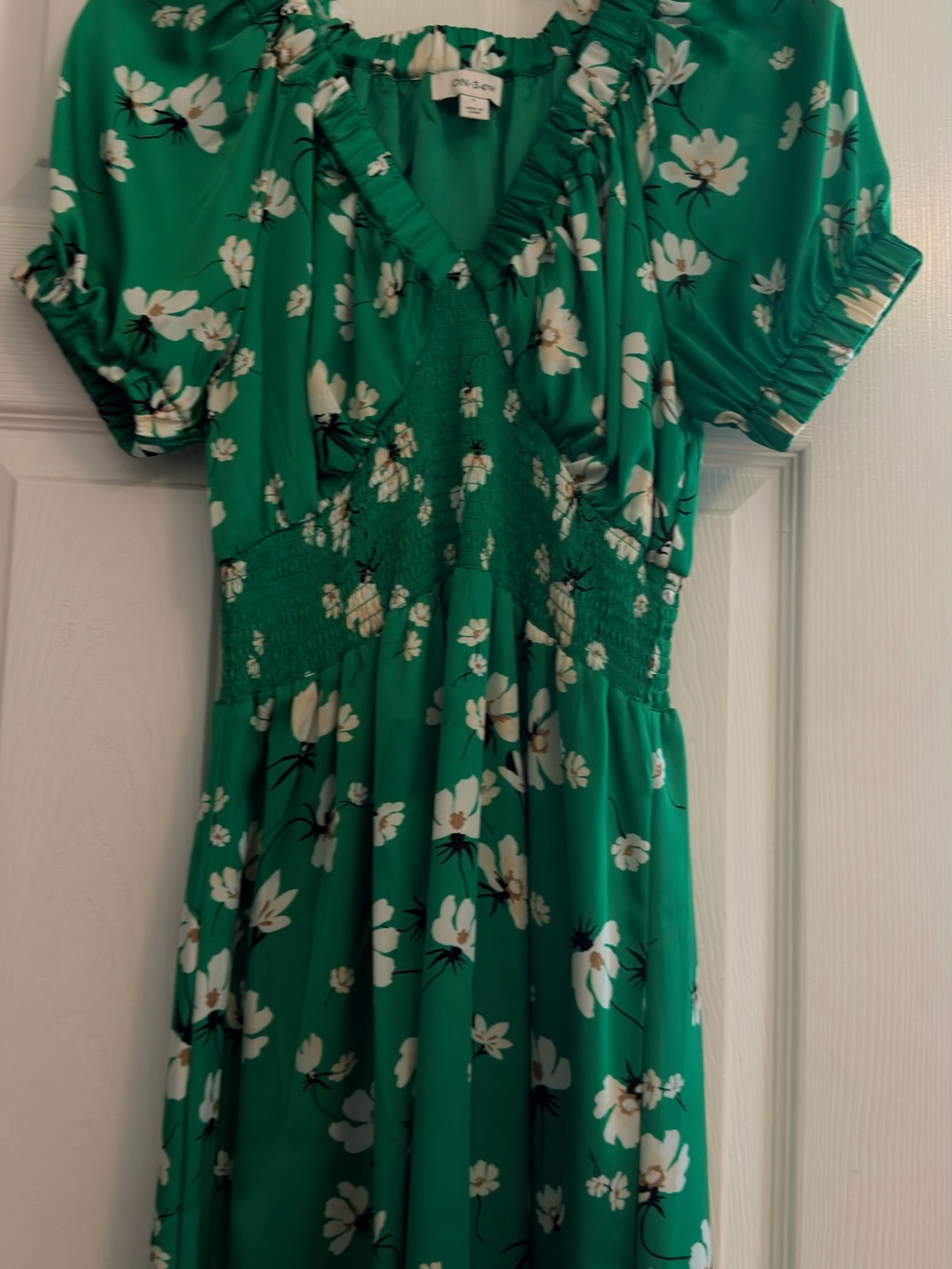 Emerald Green Floral Dress with Smocked Waist